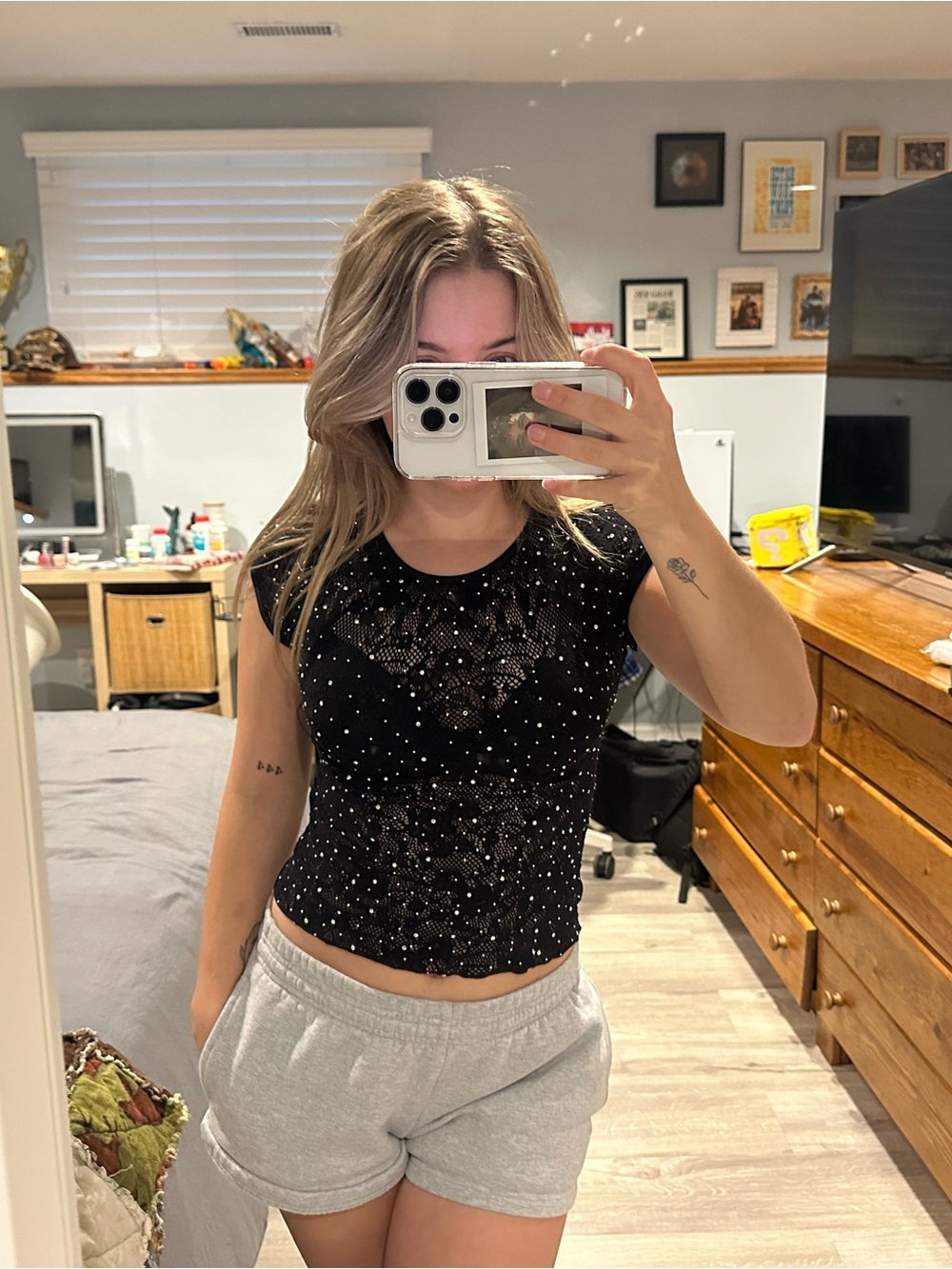 Urban Outfitters Black Embellished Lace Cropped Tee